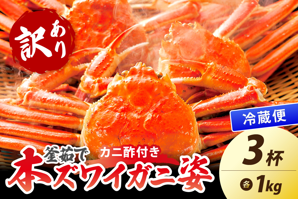 【大好評！カニ酢付き】訳あり！釜茹で！特大本ずわいがに姿 1kg×3杯　YK00486
