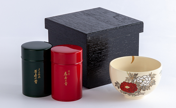 京都清水野点箱セット(宇治抹茶100g×2缶)〈宇治抹茶 抹茶 粉末 お茶 茶 緑茶 茶道 セット 茶箱 石臼挽き 伝統 抹茶碗 工芸品 日用品 飲料〉