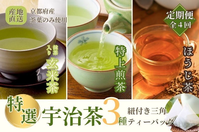 【定期便】宇治茶ティーバッグ3種セット（煎茶・ほうじ茶・抹茶入玄米茶）×4回（3ヵ月毎）〈定期便 ティーバッグ ティーパック 宇治茶 お茶 茶 煎茶 玄米茶 ほうじ茶 緑茶 抹茶 宇治抹茶 水出し 飲料 加工食品〉