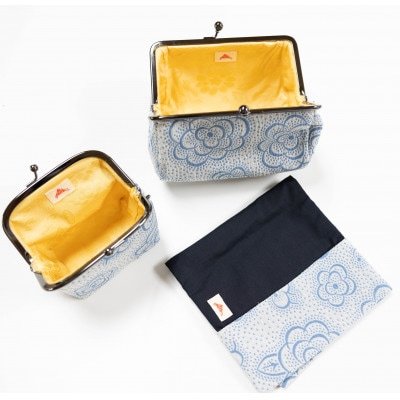 ブックカバー・がま口たわら・がま口角底セット 椿柄ブルー　一色ちりめん　京都与謝野町【高島屋選定品】