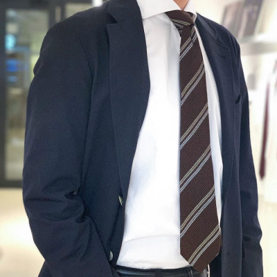 【手織りネクタイ】ブラウン 2ラインタイ kuskafabric 京都・丹後のシルク織物