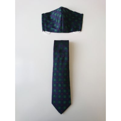 シルクマスク・ネクタイセット　(紺地×グリーン柄)丹後シルク