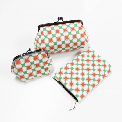 ブックカバー・がま口たわら・がま口角底セット 変わり七宝柄オレンジ　一色ちりめん　【高島屋選定品】