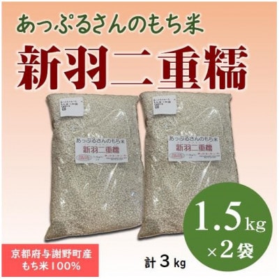 【京都府固有種・希少もち米】 新羽二重糯1.5kg×2袋　冷めてもやわらかい最高級もち米　農家直送