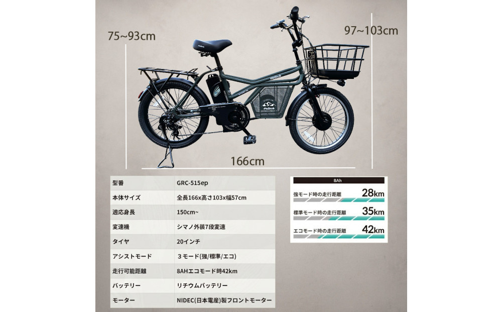 完成品でお届け！GRC-515ep 限定カラー【カラー：マットオリーブ】整備済み 電動自転車 eカーゴバイク 前カゴ付き電動アシスト自転車 20インチ 小径 低重心 シマノ製外装7段変速大阪府 堺市 完全組立 整備済発送 組立不要