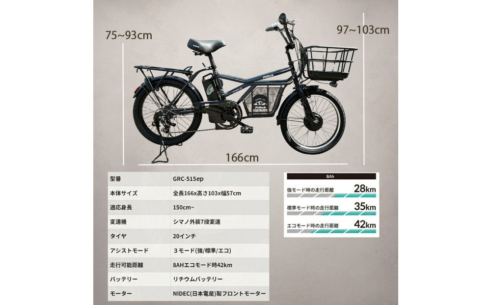 完成品でお届け！GRC-515ep 限定カラー【カラー：ノクターンブラック】整備済み 電動自転車 eカーゴバイク 前カゴ付き電動アシスト自転車 20インチ 小径 低重心 シマノ製外装7段変速大阪府 堺市 完全組立 整備済発送 組立不要