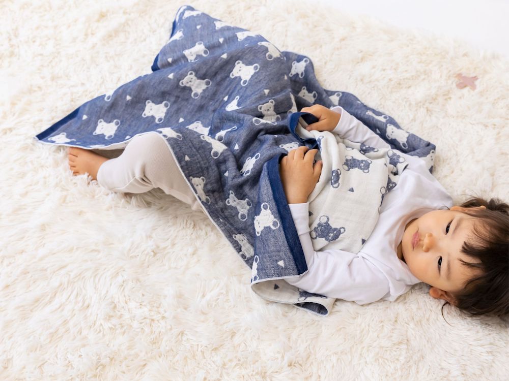 4重ガーゼ ミニバスタオル くま柄(ネイビー) 毛布の町泉大津市産 綿100% gauze-bath [3023]