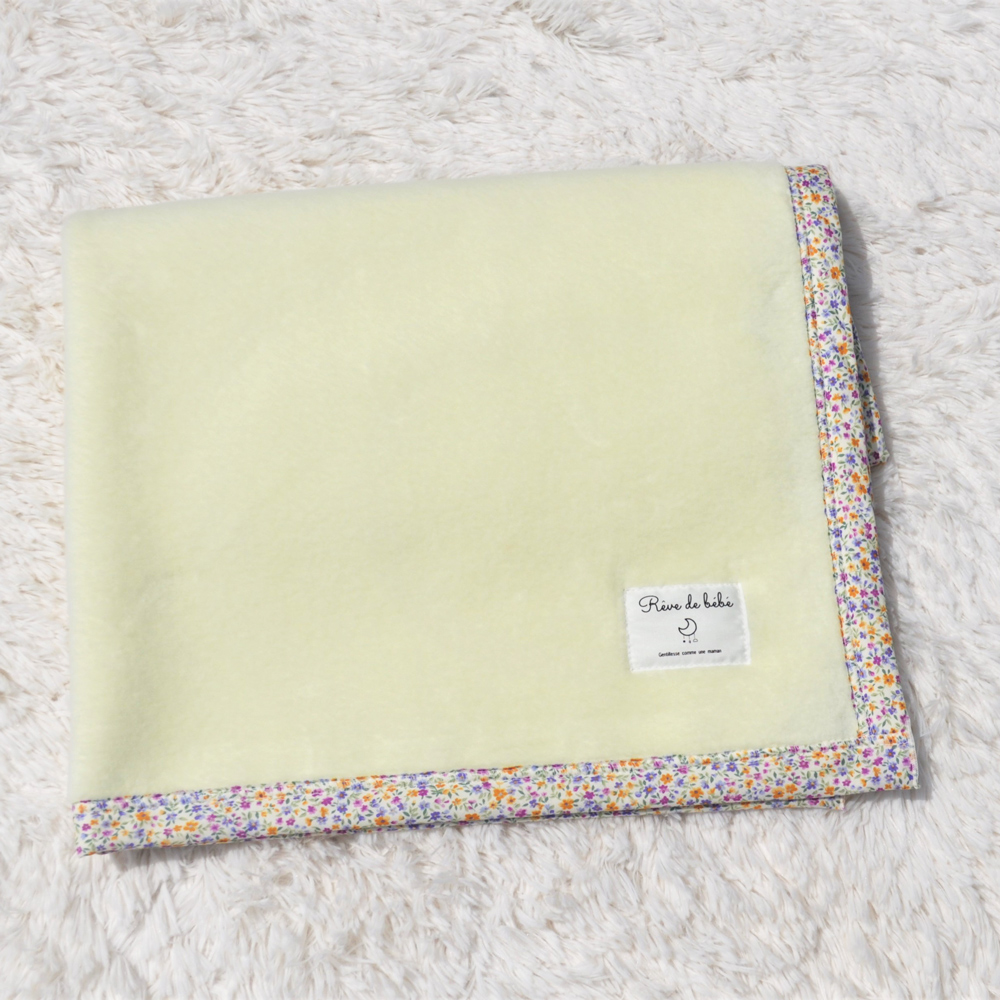 名入れ可 綿100% ベビー毛布 (クリームイエロー／花) 85×115cm 毛布の町泉大津市産 N-MM400 [3340]