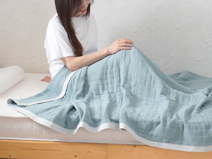 8重ガーゼケット (アッシュグリーン×ストライプ) シングルサイズ・毛布の町泉大津市産｜綿100% 通気性 肌触り 適度な保温 N gauze-single [3758]