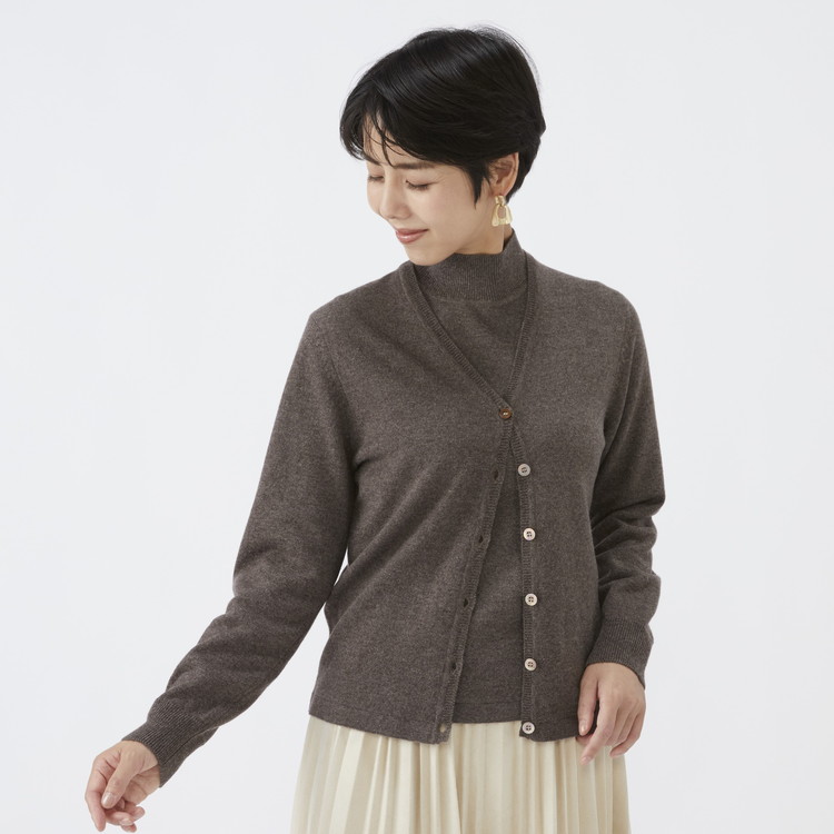 日本製 カシミヤ100% レディース Vカーディガン モカブラウン 90805