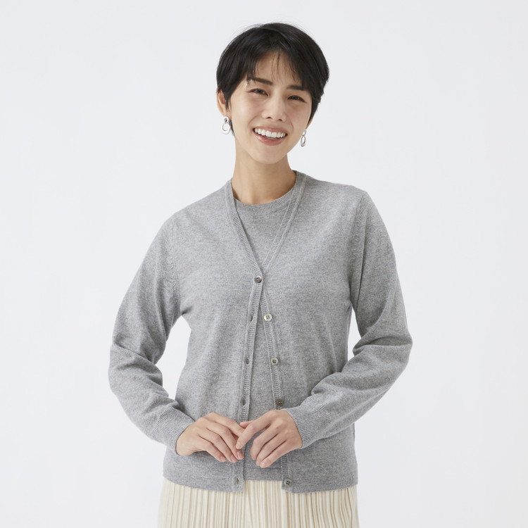 日本製 カシミヤ100% レディース Vカーディガン ライトグレー 2Lサイズ 90805