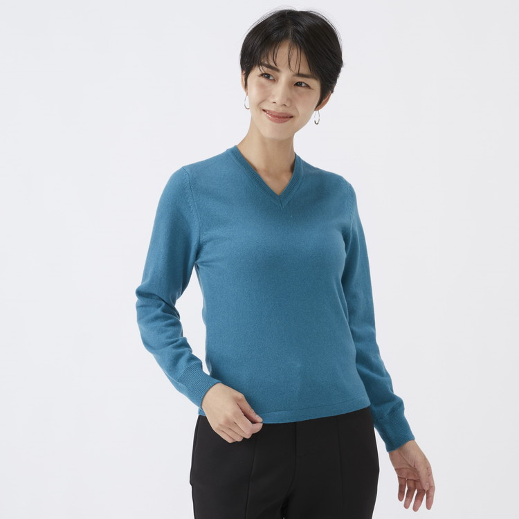 日本製 カシミヤ100% レディース Vネック ブルーグリーン 2Lサイズ