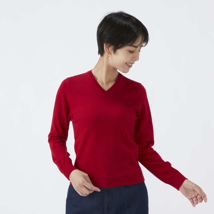 日本製 カシミヤ100% レディース Vネック レッド 2Lサイズ