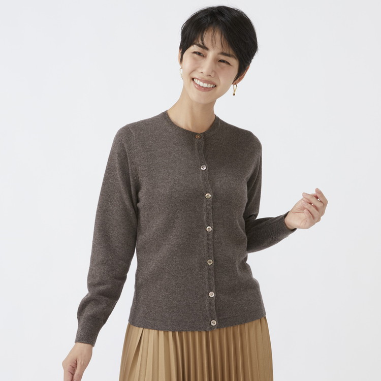 日本製 カシミヤ100% レディース クルーカーディガン モカブラウン