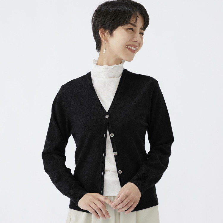 日本製 カシミヤ100% レディース Vカーディガン ブラック S～Lサイズ