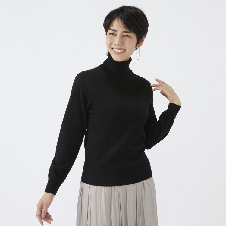 日本製 カシミヤ100% レディース タートルネック ブラック S～Lサイズ