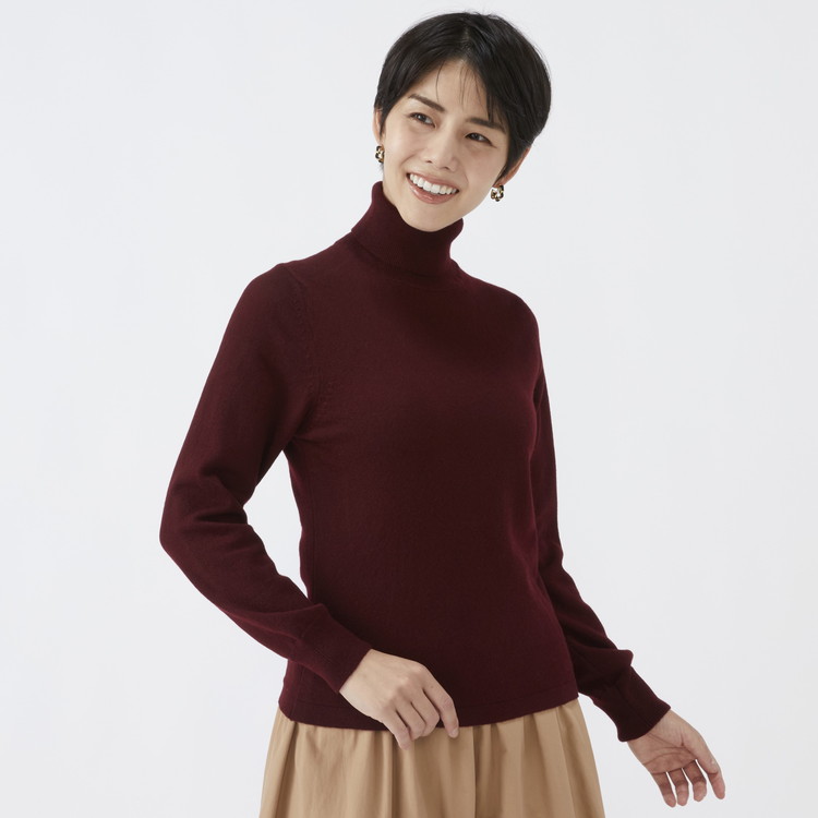 日本製 カシミヤ100% レディース タートルネック ワイン 2Lサイズ