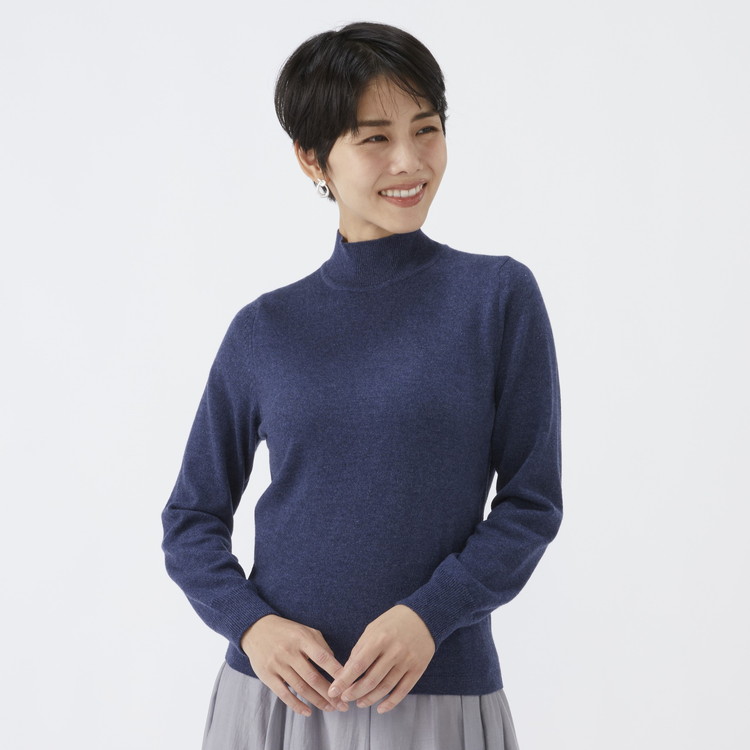日本製 カシミヤ100% レディース ハイネックセーター インディゴブルー 2Lサイズ
