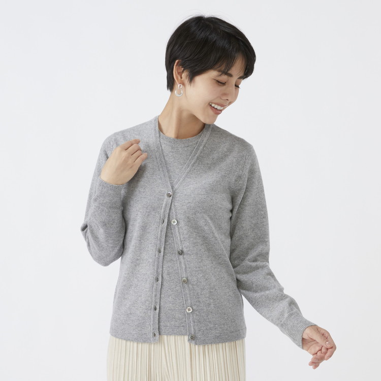 日本製 カシミヤ100% レディース Vカーディガン ライトグレー 90805