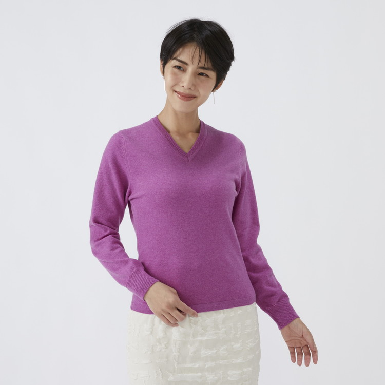 日本製 カシミヤ100% レディース Vネック パープル 2Lサイズ