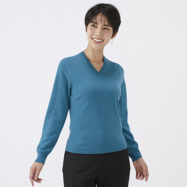 日本製 カシミヤ100% レディース Vネック ブルーグリーン