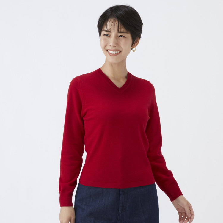 日本製 カシミヤ100% レディース Vネック レッド 2Lサイズ