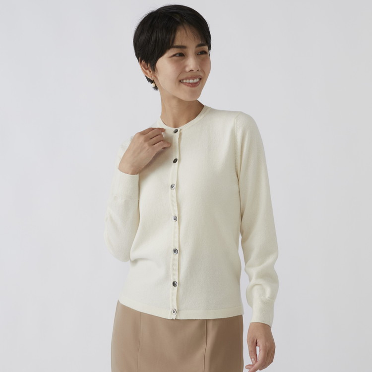 日本製 カシミヤ100% レディース クルーカーディガン オフホワイト 2Lサイズ