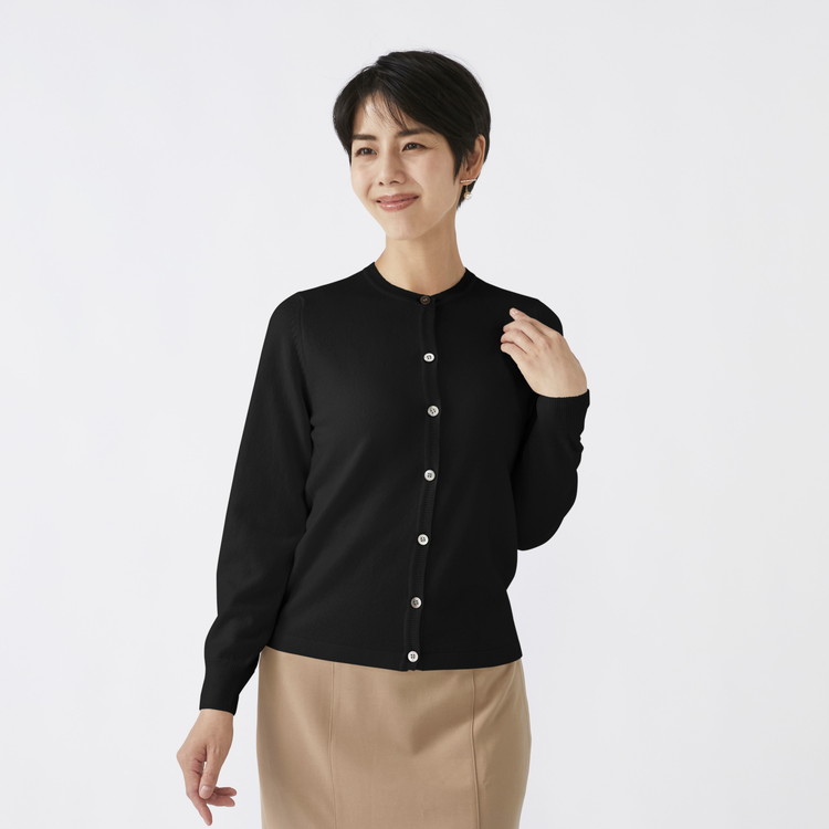 日本製 カシミヤ100% レディース クルーカーディガン ブラック S～L