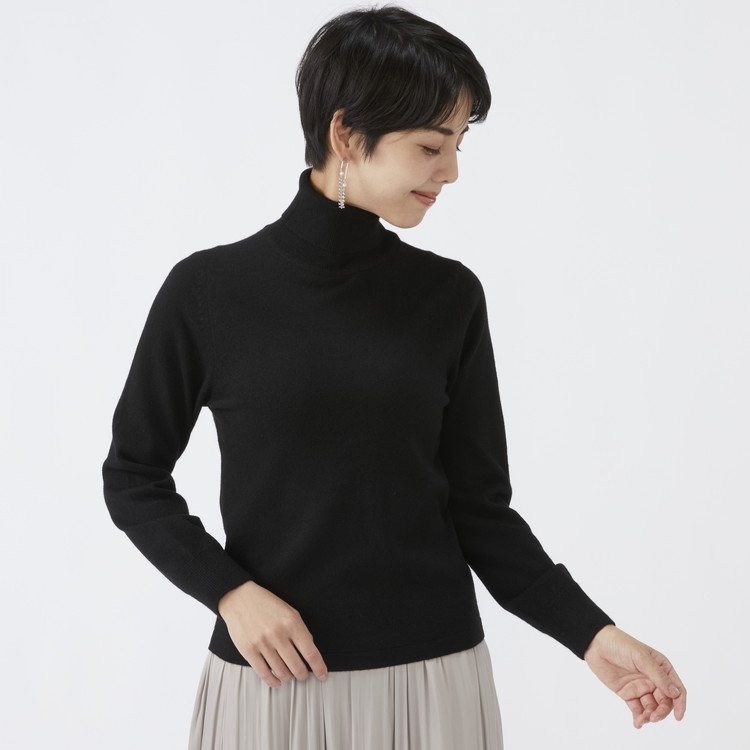 日本製 カシミヤ100% レディース タートルネック ブラック 2Lサイズ