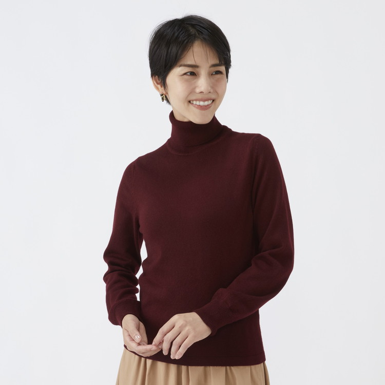 日本製 カシミヤ100% レディース タートルネック ワイン S～Lサイズ
