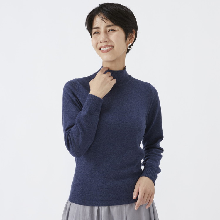 日本製 カシミヤ100% レディース ハイネックセーター インディゴブルー S～Lサイズ