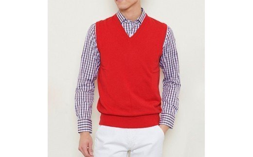 日本製 カシミヤ100% Vベスト 赤 Lサイズ [2518]