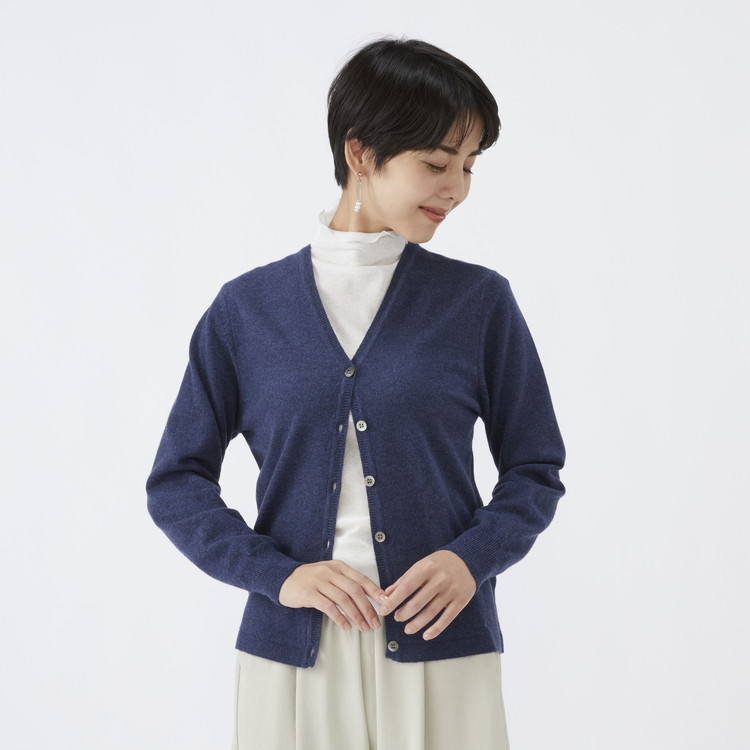 日本製 カシミヤ100% レディース Vカーディガン インディコブルー 90805
