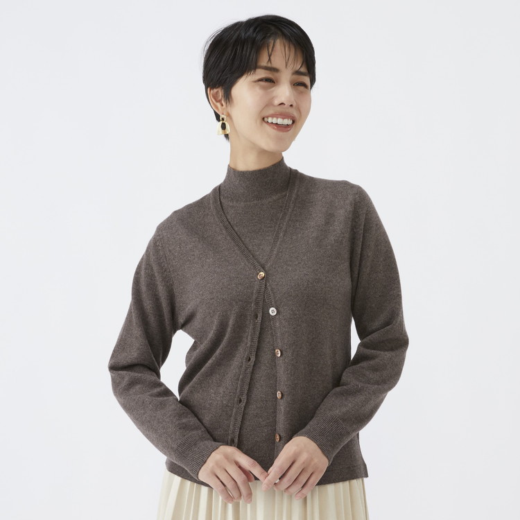 日本製 カシミヤ100% レディース Vカーディガン モカブラウン 90805