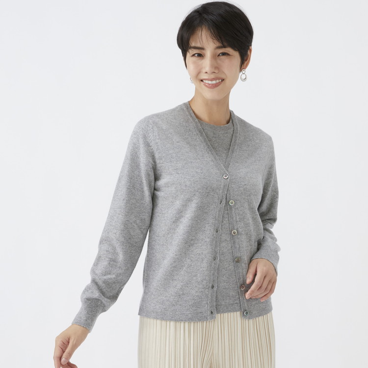 日本製 カシミヤ100% レディース Vカーディガン ライトグレー 2Lサイズ 90805