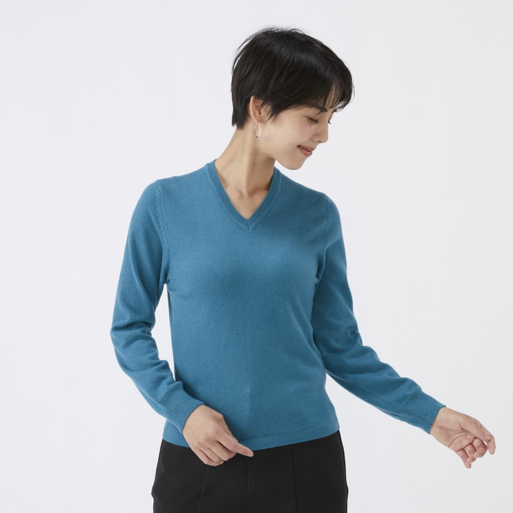 日本製 カシミヤ100% レディース Vネック ブルーグリーン 2Lサイズ