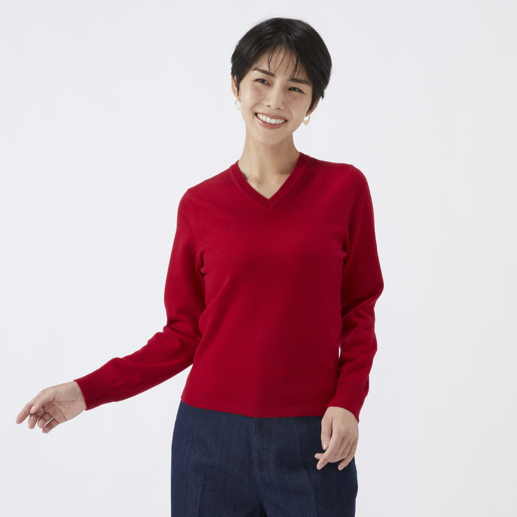 日本製 カシミヤ100% レディース Vネック レッド