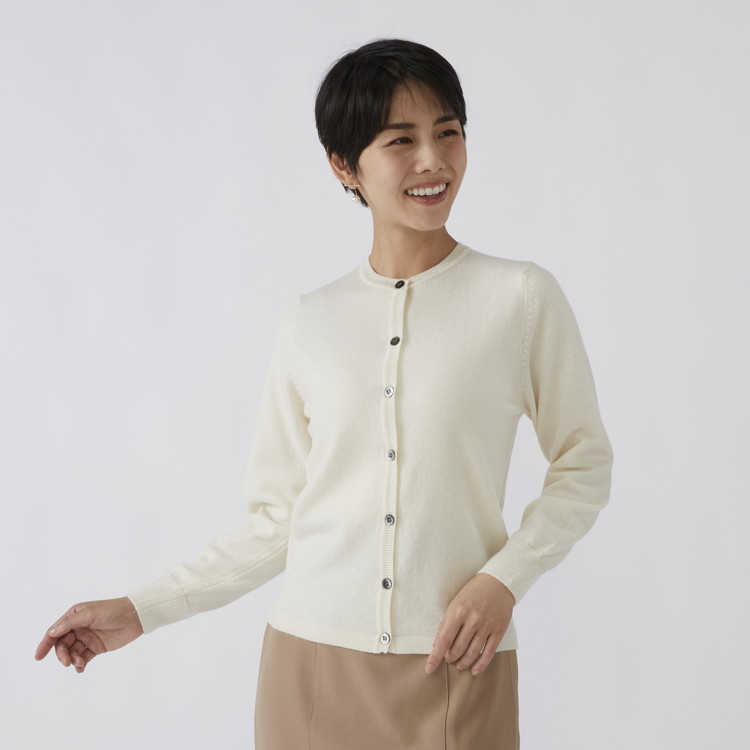 日本製 カシミヤ100% レディース クルーカーディガン オフホワイト 2Lサイズ