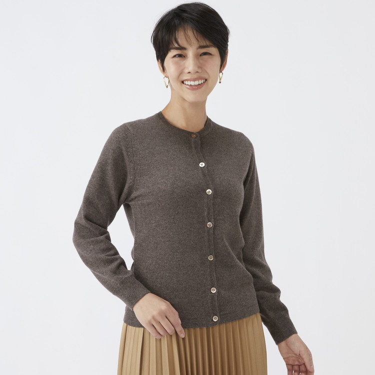日本製 カシミヤ100% レディース クルーカーディガン モカブラウン 2Lサイズ
