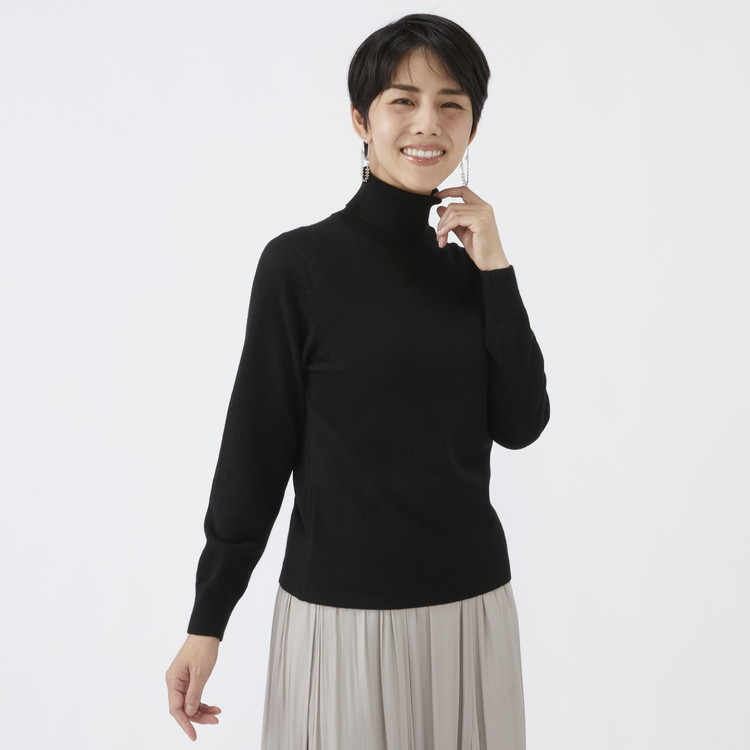 日本製 カシミヤ100% レディース タートルネック ブラック S～Lサイズ