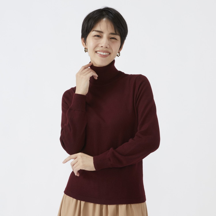日本製 カシミヤ100% レディース タートルネック ワイン 2Lサイズ