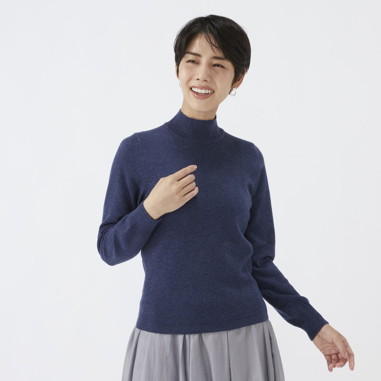 日本製 カシミヤ100% レディース ハイネックセーター インディゴブルー 2Lサイズ