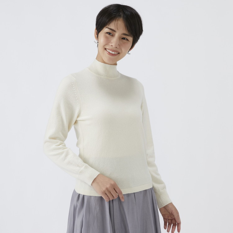 日本製 カシミヤ100% レディース ハイネックセーター オフホワイト S～Lサイズ