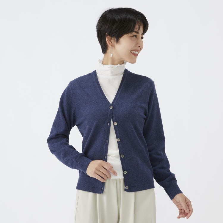 日本製 カシミヤ100% レディース Vカーディガン インディコブルー 90805