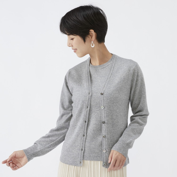 日本製 カシミヤ100% レディース Vカーディガン ライトグレー 90805