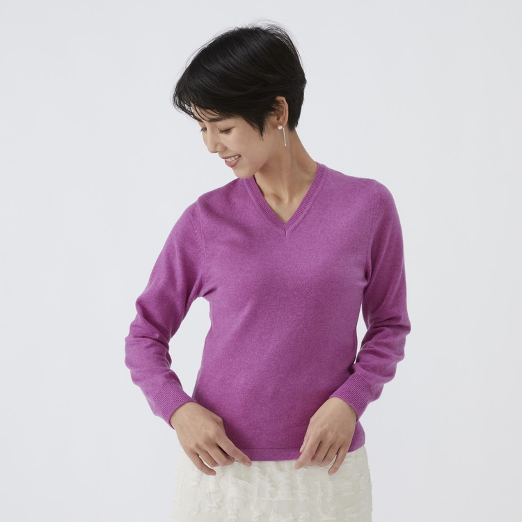 日本製 カシミヤ100% レディース Vネック パープル 2Lサイズ