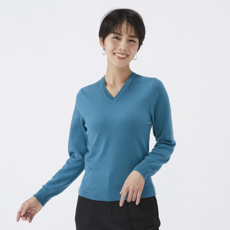 日本製 カシミヤ100% レディース Vネック ブルーグリーン
