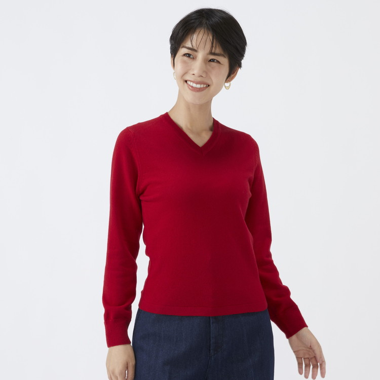 日本製 カシミヤ100% レディース Vネック レッド