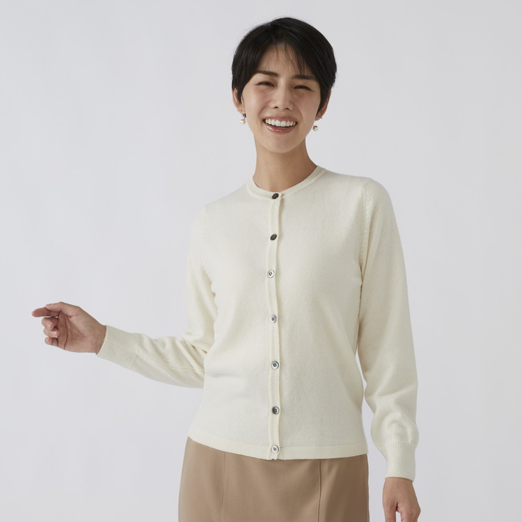 日本製 カシミヤ100% レディース クルーカーディガン オフホワイト 2Lサイズ