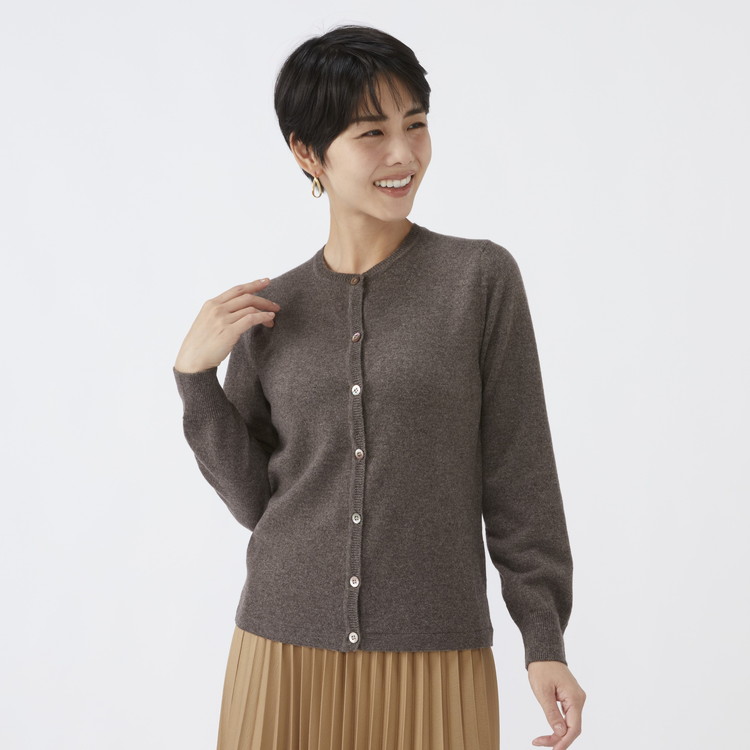 日本製 カシミヤ100% レディース クルーカーディガン モカブラウン 2Lサイズ